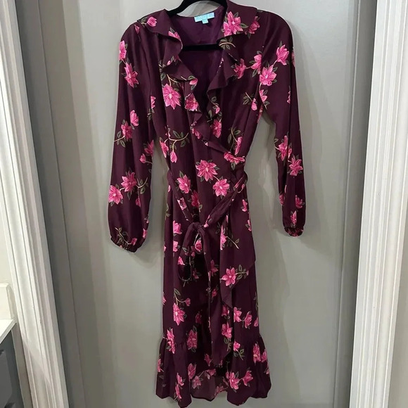 Draper James RSVP Plum Multicolor Floral Ruffle Wrap Lined Dress Size XS - Picture 2 of 7